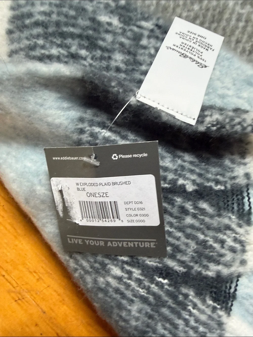 Eddie Bauer Light Blue, Gray & Charcoal Plaid Fringe Scarf